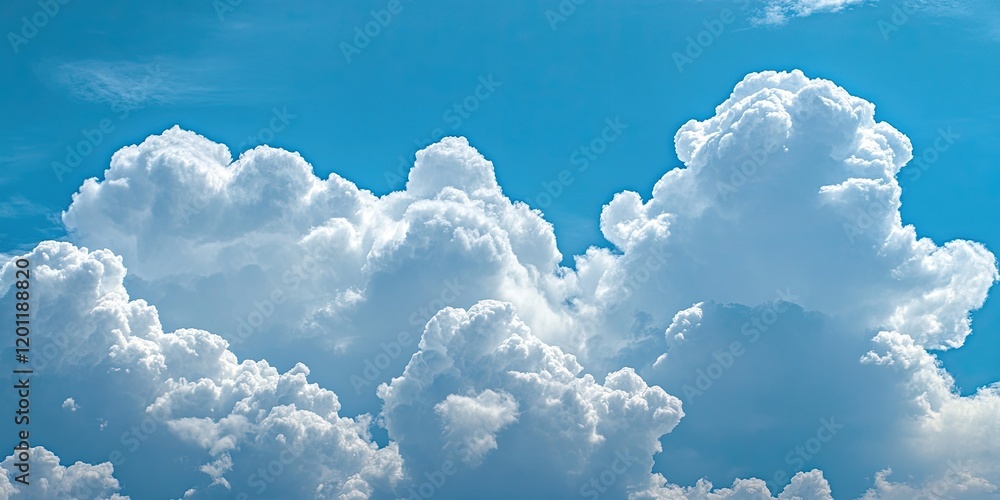 Poster fluffy white clouds in dynamic formations float across a bright blue summer sky creating a serene an