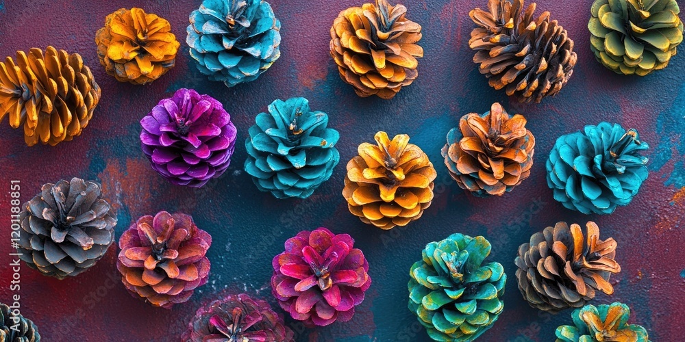 Poster vibrant multicolored pine and fir cones arranged on a textured background with ample copy space show