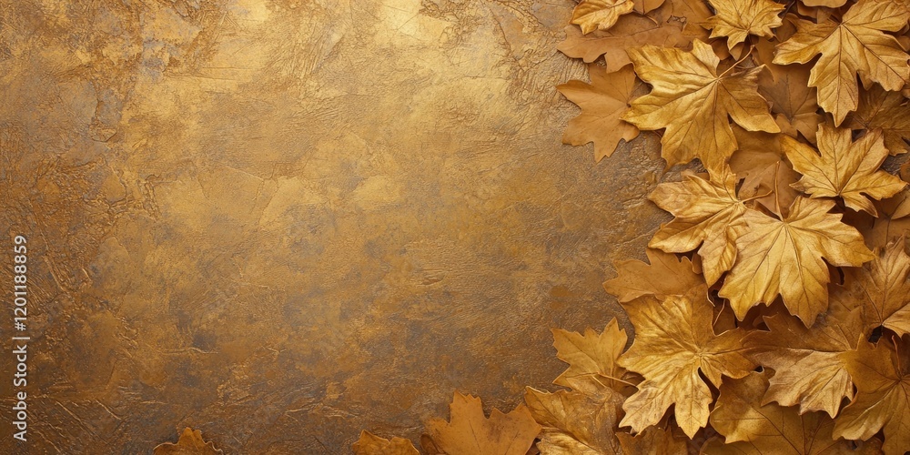 Poster textured golden background with autumn maple leaves arranged on the right side creating a warm and i