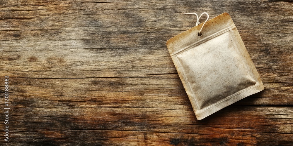 Poster tea bag placed on rustic wooden table with natural brown tones and empty space on the right for text