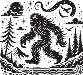 Black Color Mythic Creature Yeti Silhouette Vector Illustration, Solid White Background