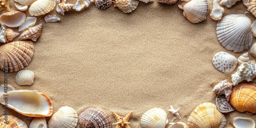 Poster seashells arranged in a decorative border on light sandy background creating a summer-themed frame w