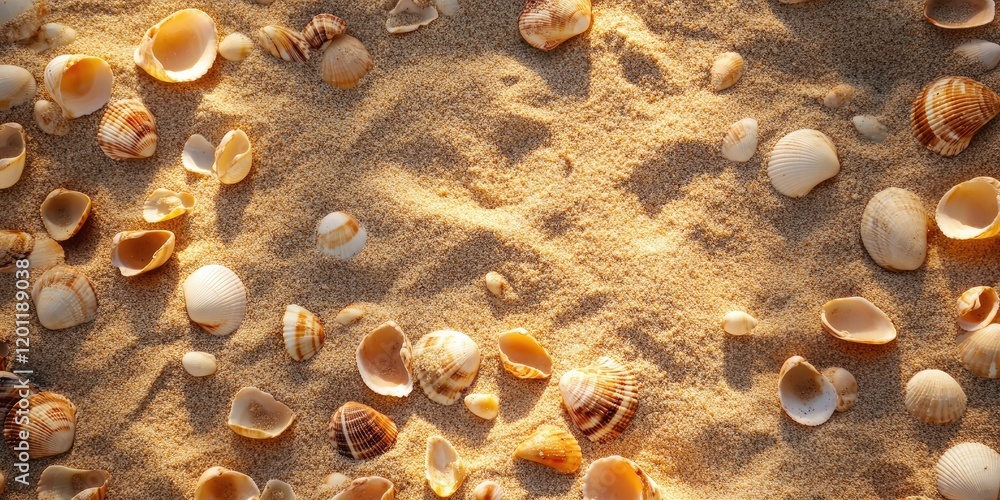 Aufkleber sandy beach background with an array of seashells in cream and beige tones scattered across golden s