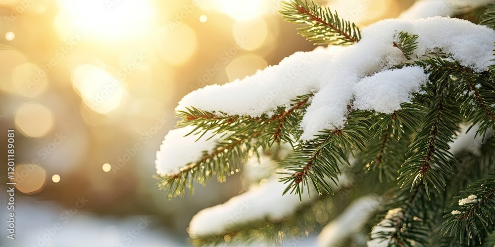 Poster sunlit green spruce branches covered in white snow with golden bokeh background creating a serene wi