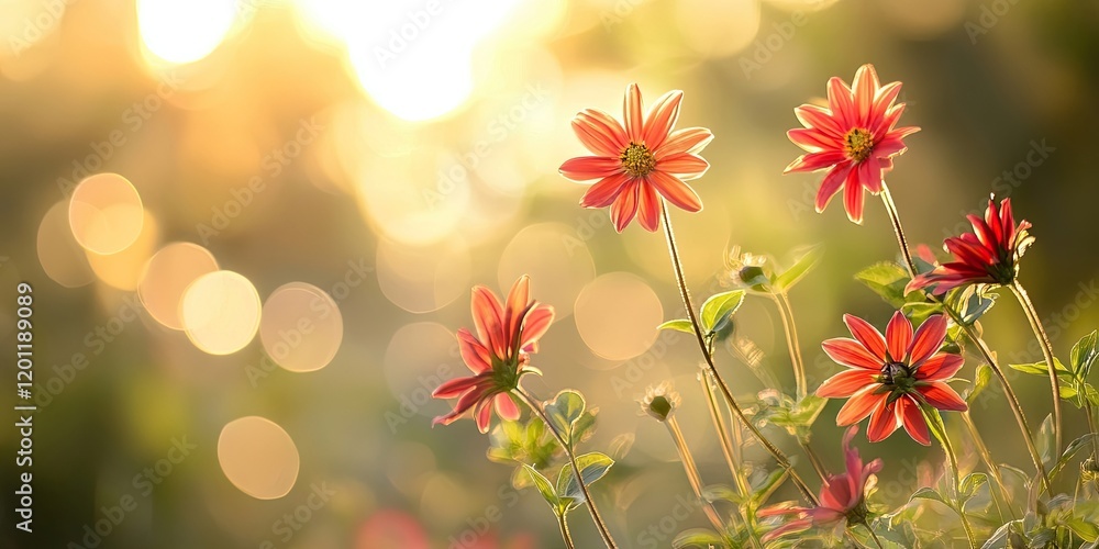 Poster sunlit red flowers in sharp focus on the right with a soft glowing golden background and green folia