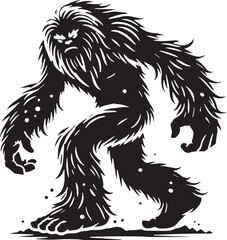 Black Color Mythic Creature Yeti Silhouette Vector Illustration, Solid White Background
