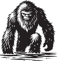 Black Color Mythic Creature Yeti Silhouette Vector Illustration, Solid White Background