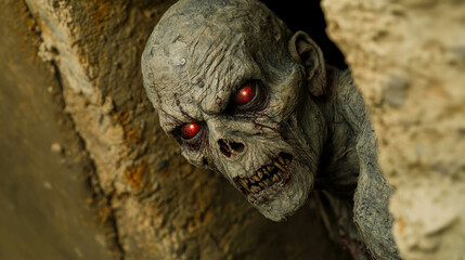 Obraz premium Grotesque Humanoid Creature with Distorted Features Emerging from Darkened Cave Environment