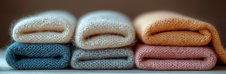 Soft Knitted Blankets: A stack of four neatly rolled knit blankets in a variety of pastel hues, showcasing the intricate texture and warmth of handmade craftsmanship.  