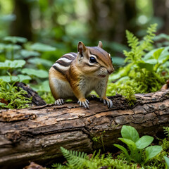 Obraz premium Cute chipmunk exploring a log in a lush green forest