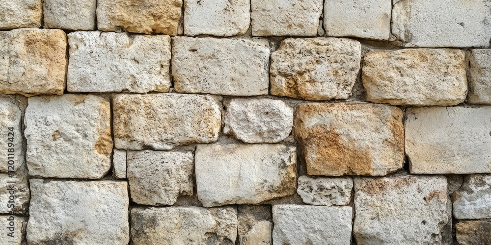 Poster textured stone wall of an ancient building featuring irregular white and beige stones with rough sur