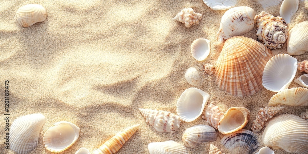 Aufkleber shell fragments in soft sandy beach setting showcasing varied textures and natural colors with warm 