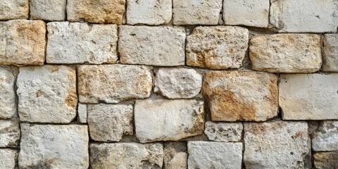 Obraz premium Textured stone wall of an ancient building featuring irregular white and beige stones with rough surfaces arranged in a grid pattern