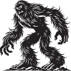 Black Color Mythic Creature Yeti Silhouette Vector Illustration, Solid White Background