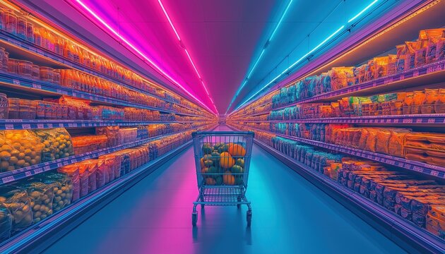 Brand Value Concept. Vibrant supermarket aisle with neon lights and a shopping cart.