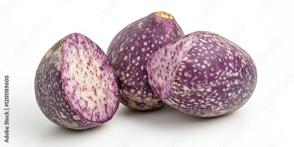 Poster fresh taro root pieces displaying purple and white speckles against a smooth white background arrang