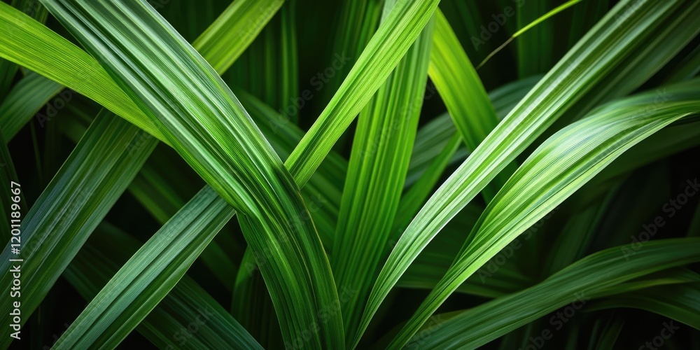Poster lush green palm leaves with vibrant dark green textures and diagonal patterns creating a natural bac
