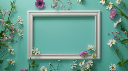 A blank white picture frame with platinum inlays in the middle surrounded by violets and daisies