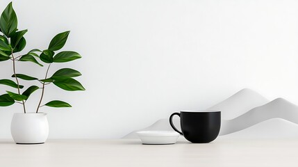 Serene Minimalist Workspace with Black Mug and Greenery