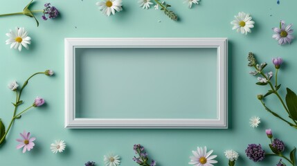 A blank white picture frame with platinum inlays in the middle surrounded by violets and daisies