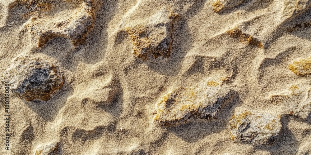 Aufkleber damp sand texture with irregular rock formations in shades of beige and gray at low tide creating na