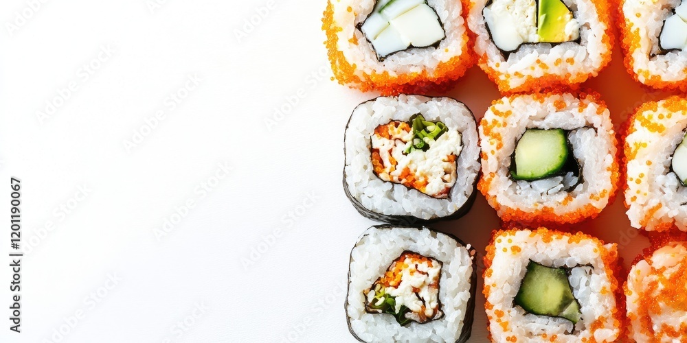 Aufkleber vibrant sushi rolls featuring fish, soft cheese, and vegetables arranged in a grid pattern on a clea