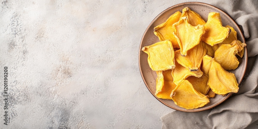 Aufkleber dried yellow jackfruit slices elegantly arranged on a neutral grey table in a round plate with soft 