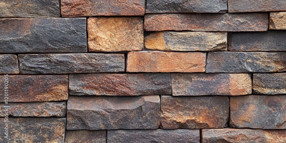 Poster textured wall of rustic brick blocks in shades of brown and gray stacked in a varied pattern creatin