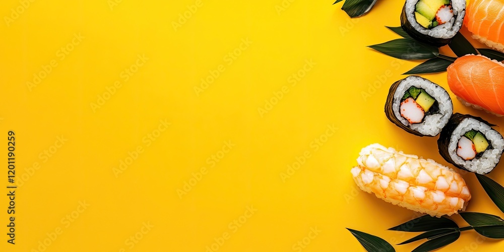 Poster sushi arrangement on vibrant yellow backdrop with empty space for text featuring assorted sushi roll