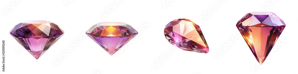 Poster close up image of a collection of multicolored faceted gemstones or crystals displaying refracted li