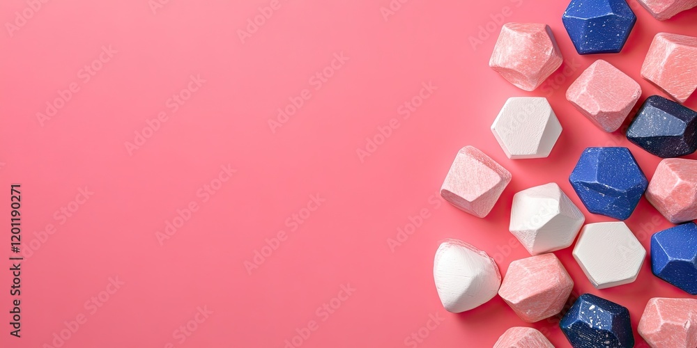 Poster stylish hexagonal stones in white pink and blue arranged on a minimal pink background creating a nat