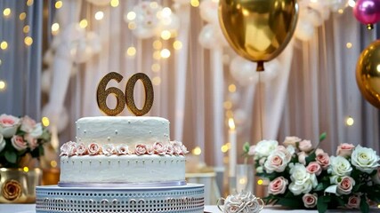 60th birthday cake, adorned with gold accents. Birthday party. Blurred light festive background. Golden balloons. Sixty years or sixtieth anniversary. Celebration cake with golden candles. Numbers 60