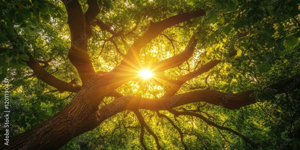 Poster sunlight streaming through lush green tree branches with vibrant yellow rays illuminating the scene 