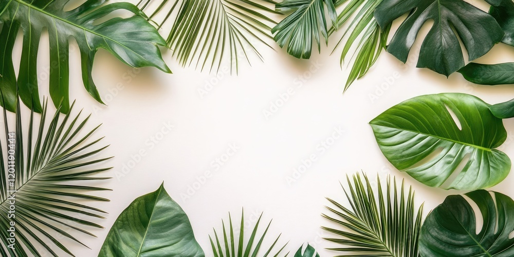 Poster tropical palm leaves arranged on a white background in a flat lay perspective with ample copy space 