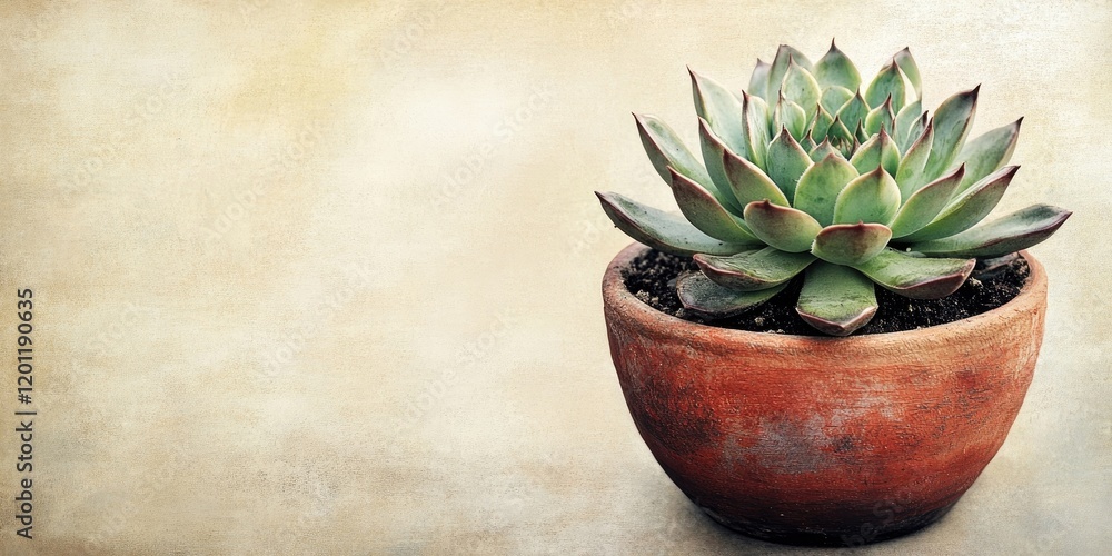 Poster a vibrant green succulent in a rustic brown pot positioned on the right side against a soft beige ba