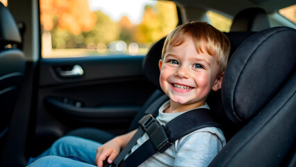 Protection in the car. Caucasian child is sitting and fastening with security belt in safety car seat.