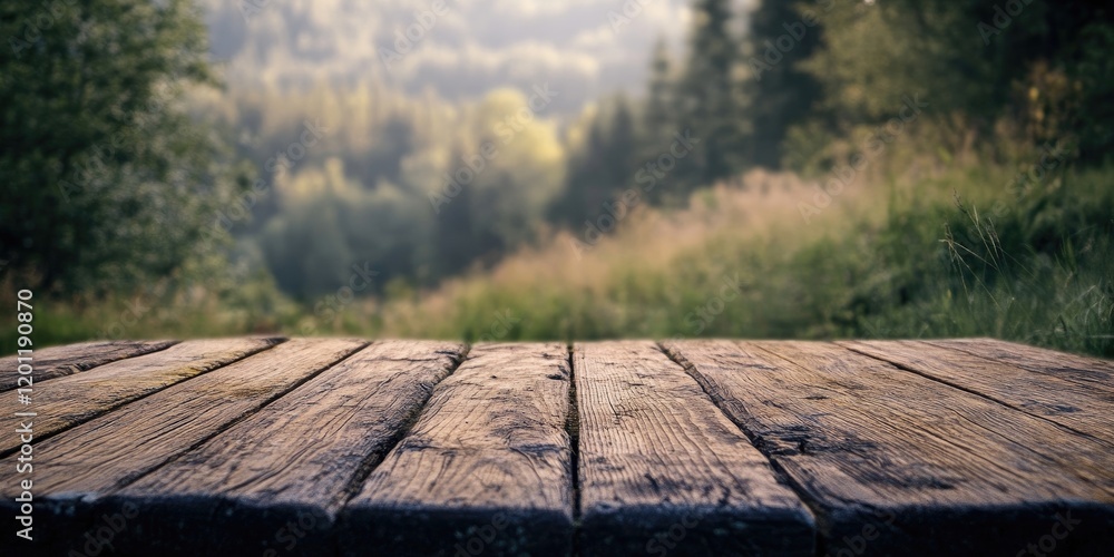 Poster wooden tabletop in sharp focus with blurred green natural background featuring trees and hills under
