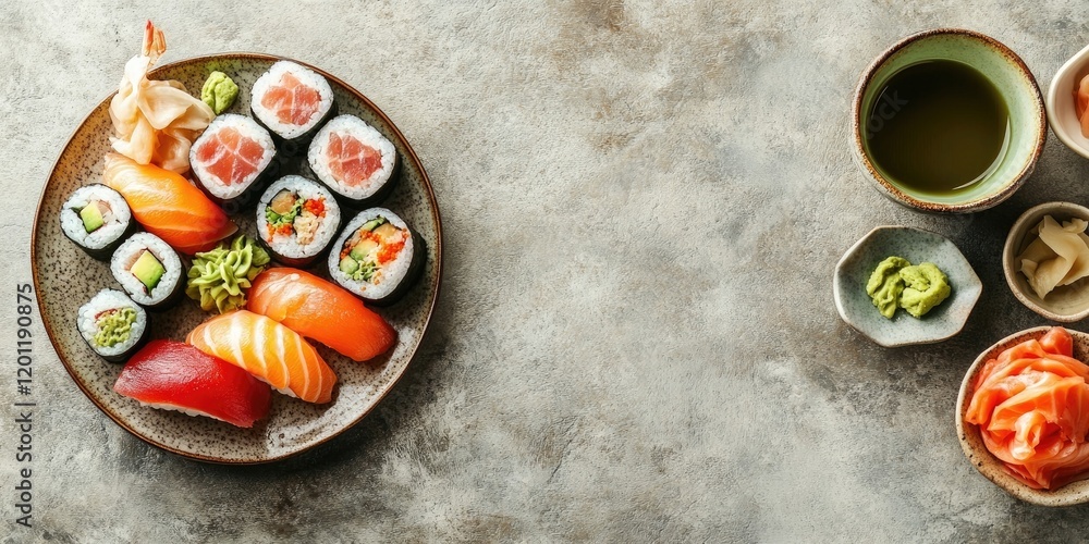Poster sushi assortment including sashimi and maki rolls on a rustic plate with green tea on a textured sto
