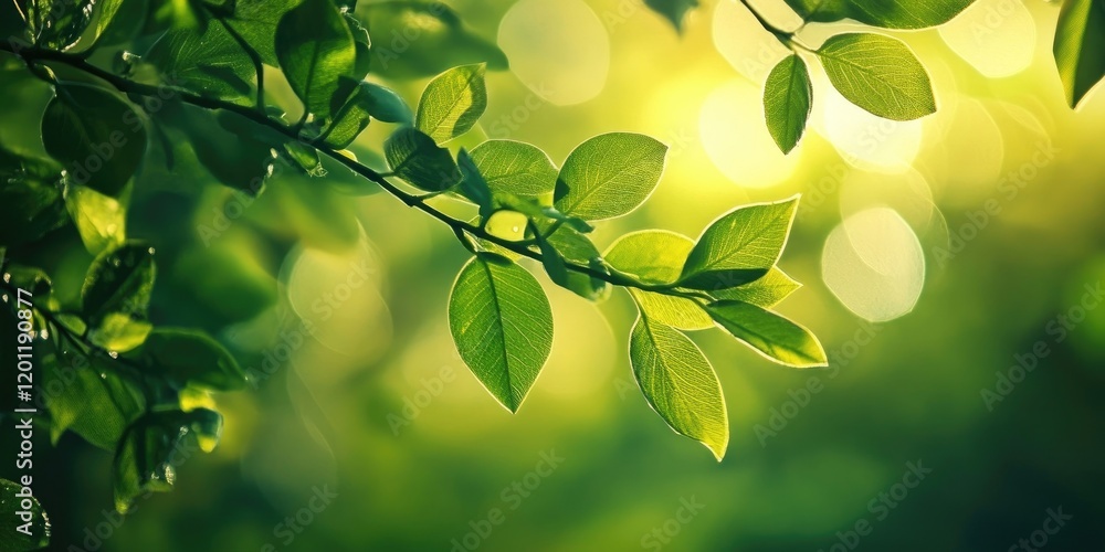 Poster fresh green leaves with soft bokeh background in shades of yellow and green, capturing a serene natu