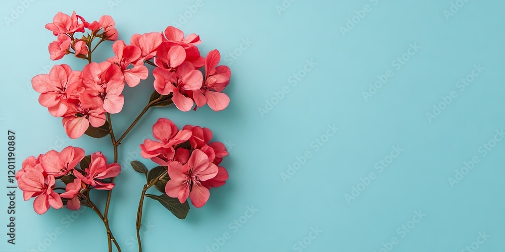 Poster vibrant pink flowers arranged on the right side of a soft blue background creating a fresh and invit