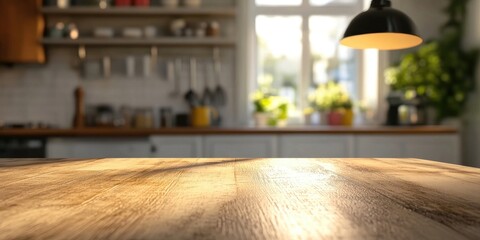 Warm wooden tabletop in foreground with blurred vibrant kitchen background, soft sunlight illuminating green plants and utensils on shelves.