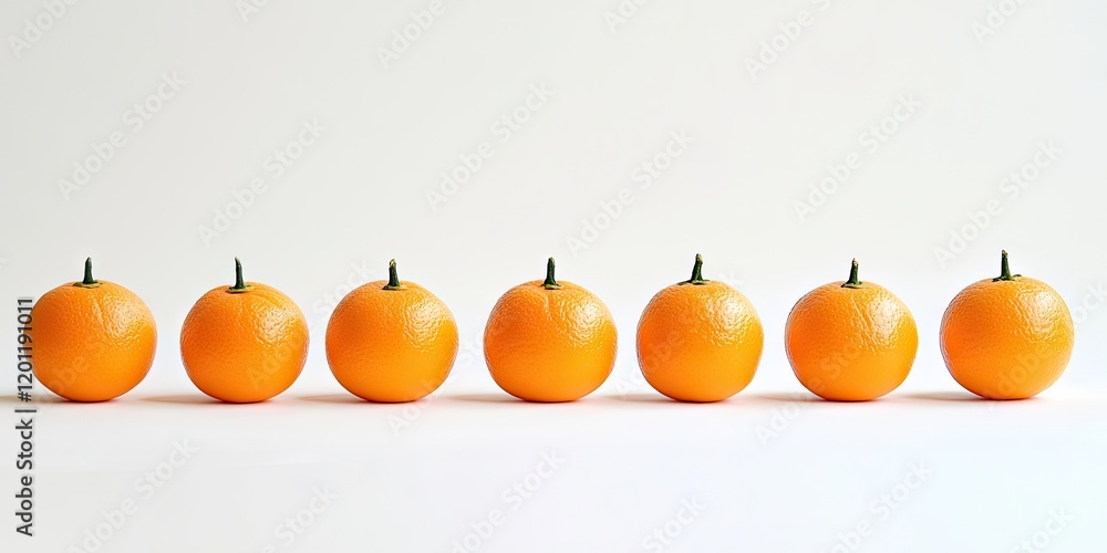 Aufkleber row of vibrant orange tangerines with green leaves arranged symmetrically against a clean white back