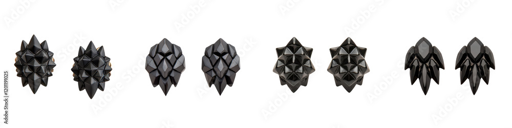 Poster dramatic and striking black polygonal crystal mineral formations with sharp angular shapes and facet