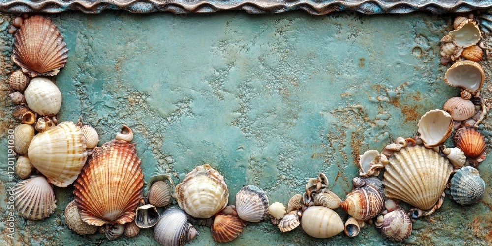 Poster coastal frame design featuring a turquoise background with assorted seashells arranged around the ed