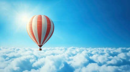 Fototapeta premium Hot Air Balloon Drifting Peacefully Above Soft Clouds Under Bright Blue Sky