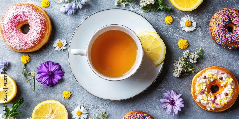 Poster tea cup with lemon slices surrounded by vibrant donuts and colorful flowers on a textured gray backg