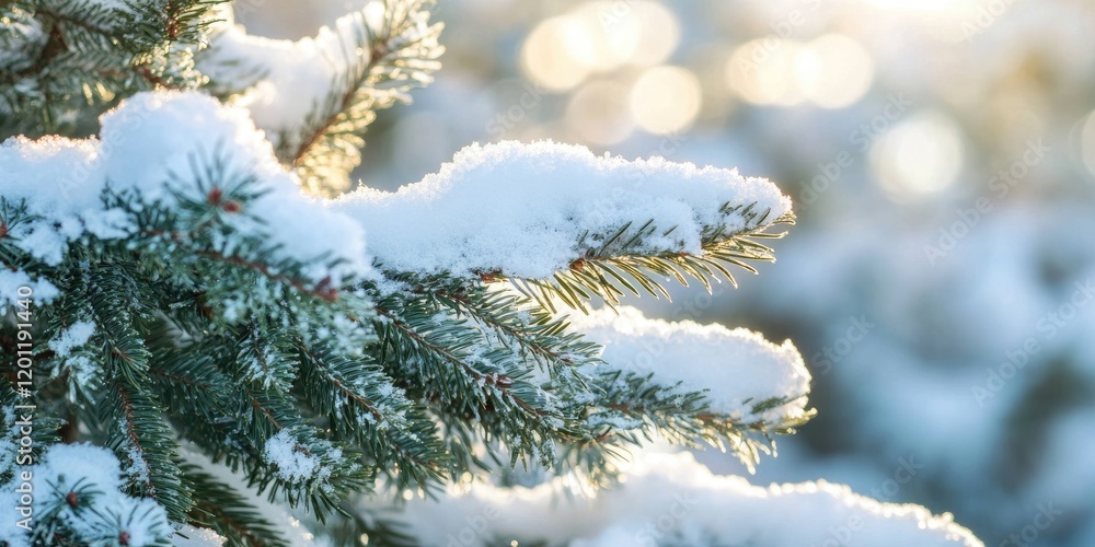 Aufkleber sunlit spruce branches covered in soft white snow with blurred golden bokeh background create a sere
