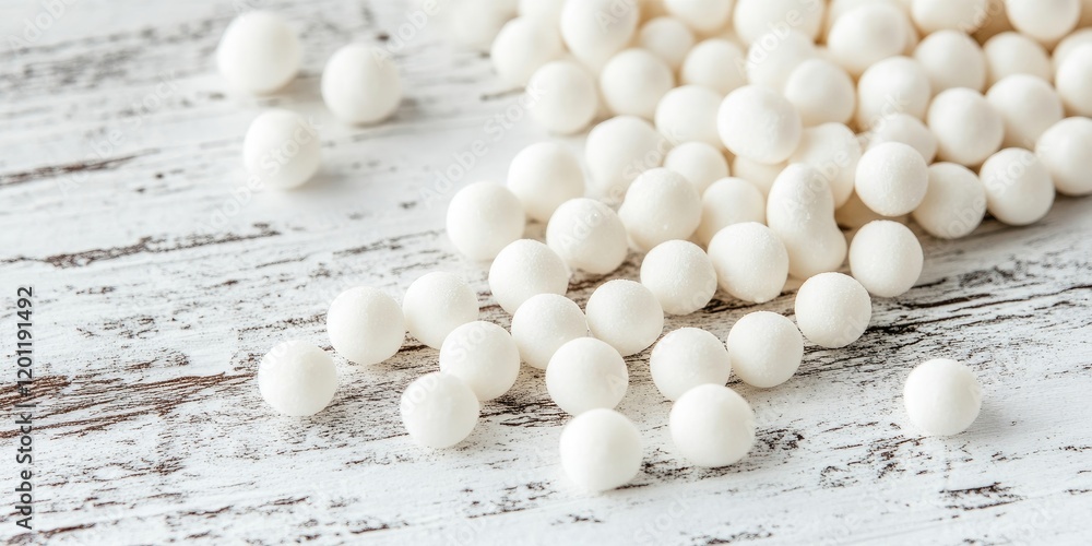 Poster white sugarcoated dragees scattered across a distressed white wooden surface with a rustic texture c