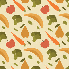 Healthy eating seamless pattern. Banana, broccoli, apple, carrot and pear on a beige background. Vector illustration for background, fabric, cover, paper, packaging