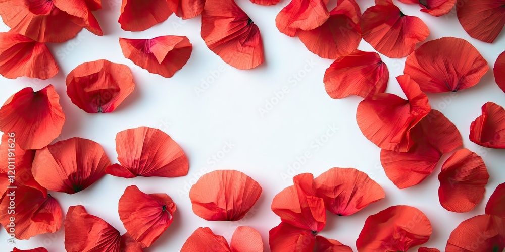 Poster vibrant red poppy petals arranged in a circular frame on a light background providing ample blank sp